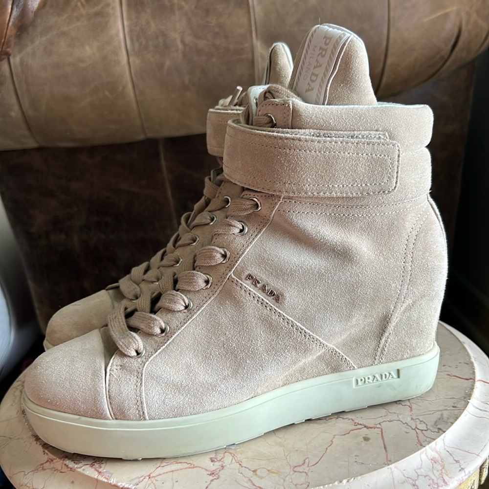 Prada Sport Suede High Top Wedge Sneaker in Beige